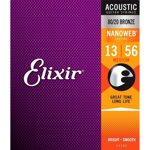 11102 Elixir 80/20 Bronze NANOWEB Strings Medium Gauge .013-56