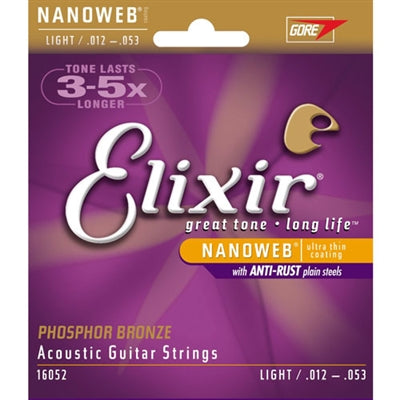 16052 Elixir Phosphor Bronze-NANOWEB Strings Lite Gauge .012 - .053