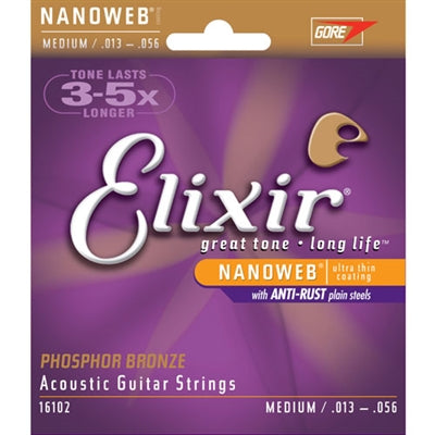 16102 Elixir  Phosphor Bronze-NANOWEB Strings Medium Gauge  .013 - .056
